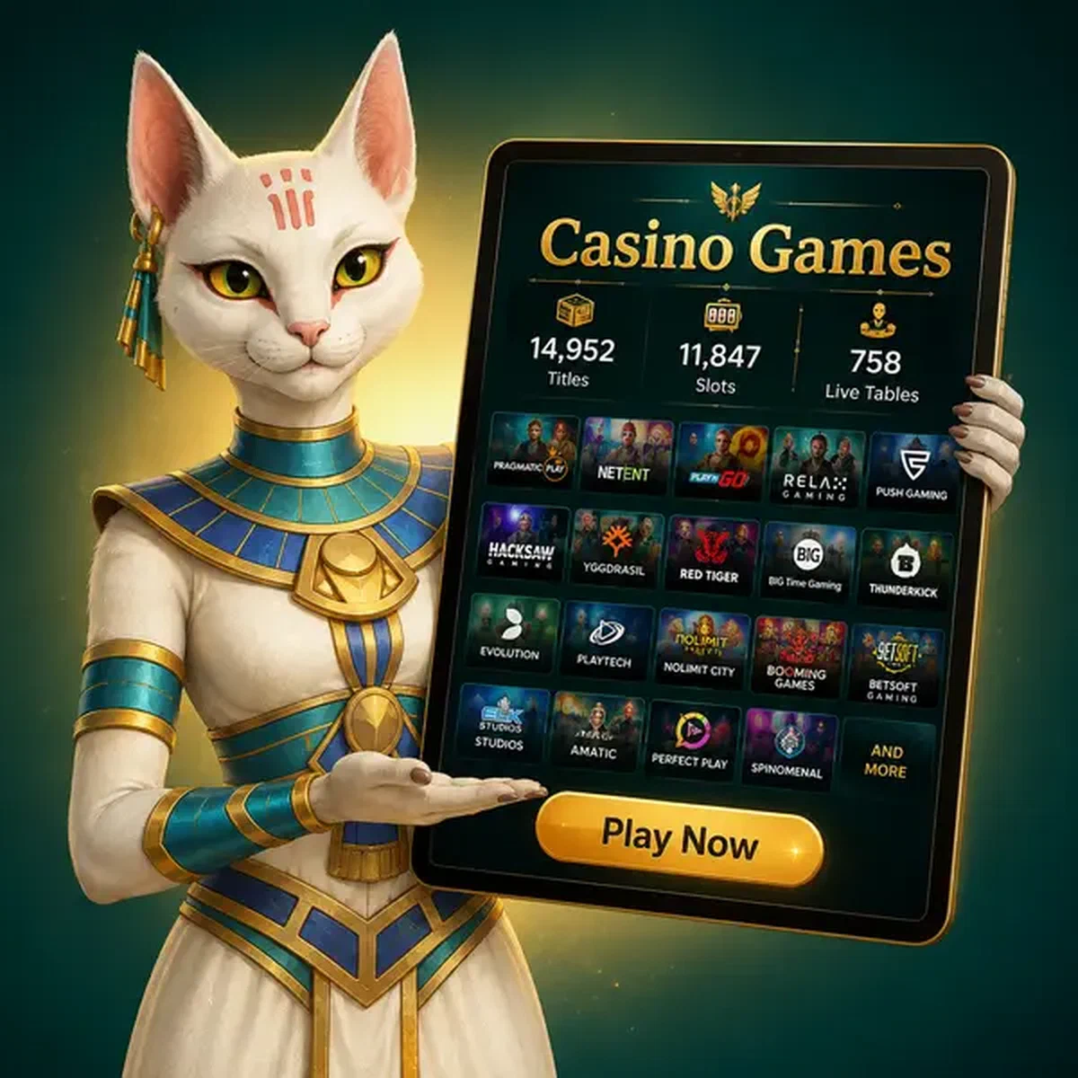 Flame Priestess presenting AmunRa Casino games collection on glowing tablet display