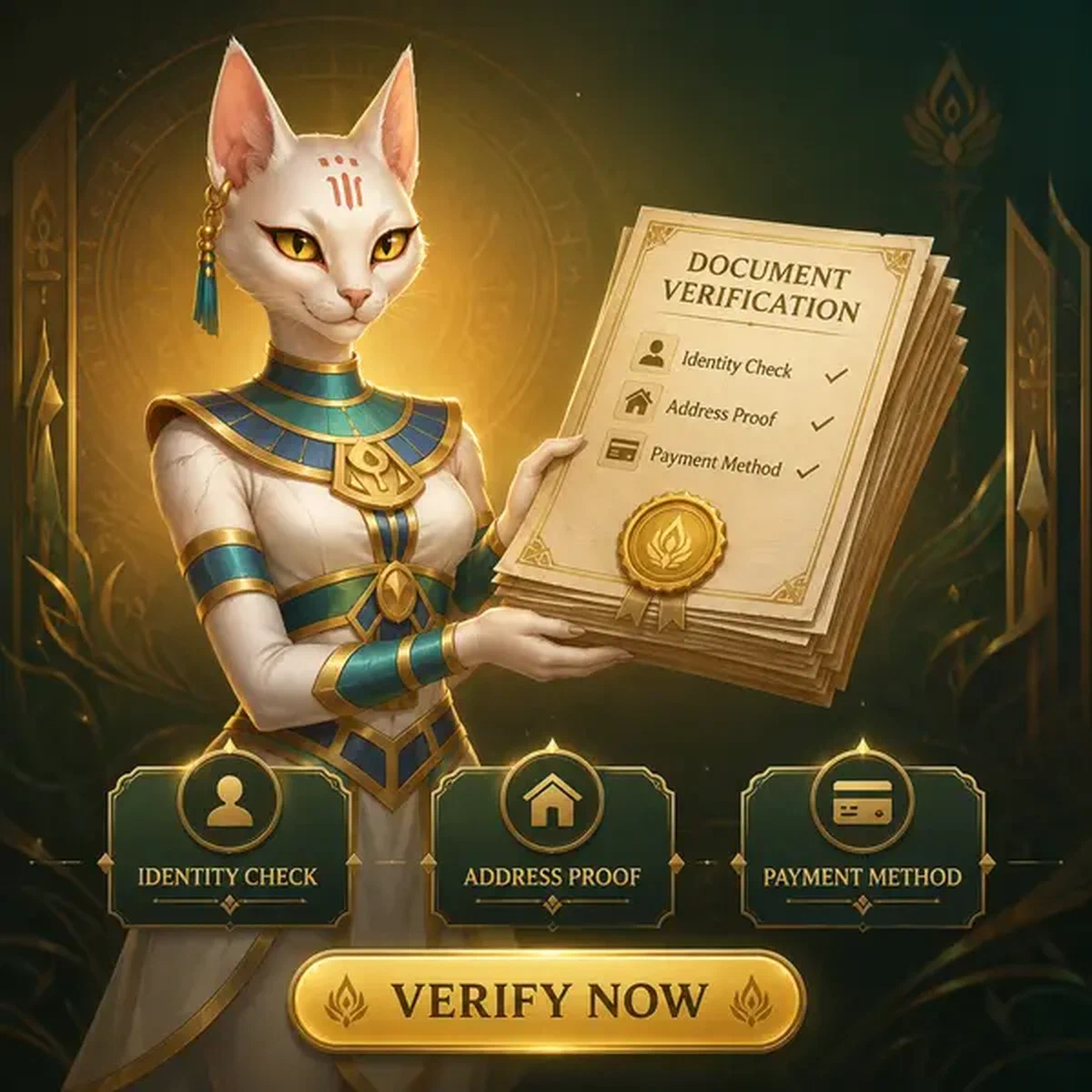 AmunRa priestess verifying identity documents with glowing seal in golden verification chamber