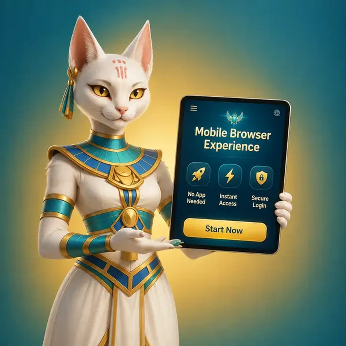 Flame Priestess showcasing AmunRa mobile app on glowing tablet in golden halls