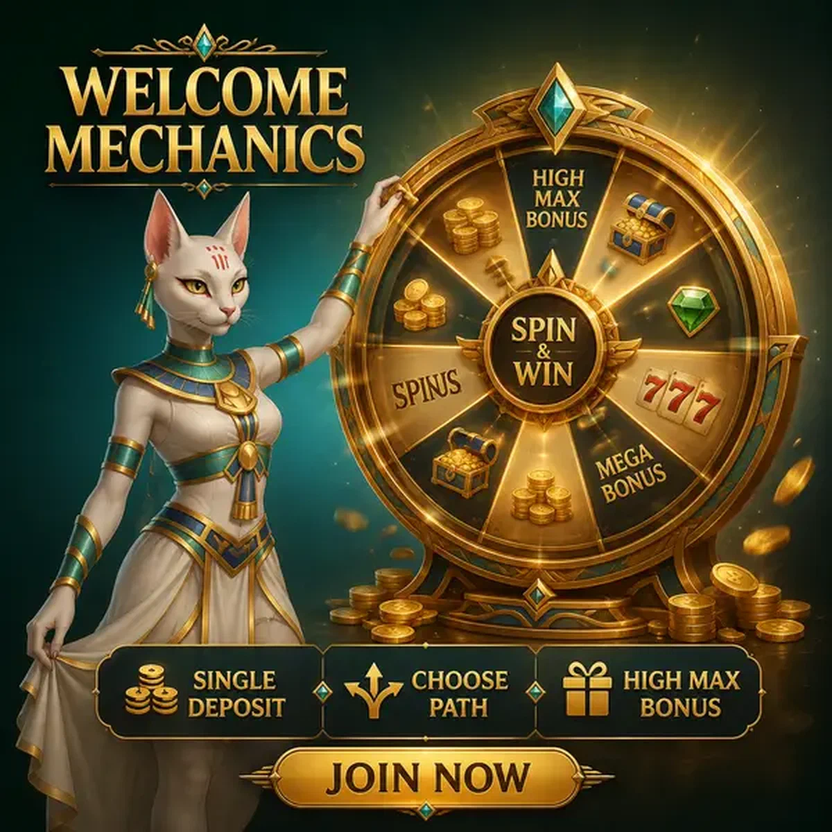 White cat priestess spinning golden prize wheel at sports betting portal with mystical glow