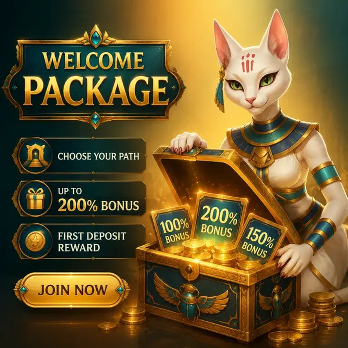 Welcome bonus treasure chest opens at AmunRa as priestess reveals four bonus paths