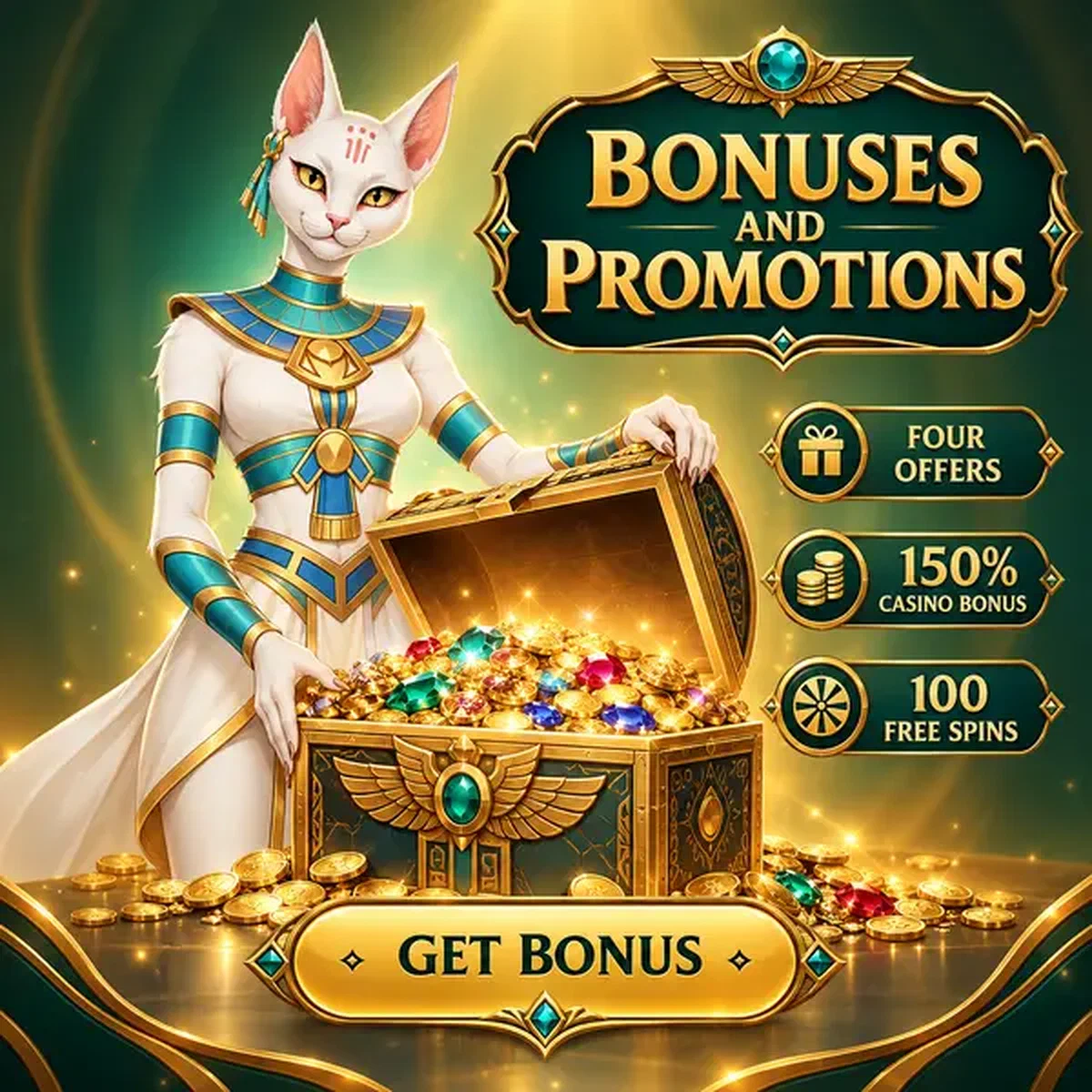 Flame Priestess revealing AmunRa Casino bonus treasures filled with golden coins and gems