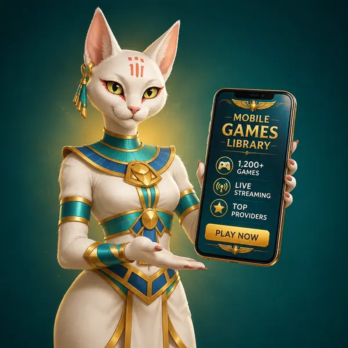 White cat priestess presenting mobile app screen with AmunRa Casino games library glowing