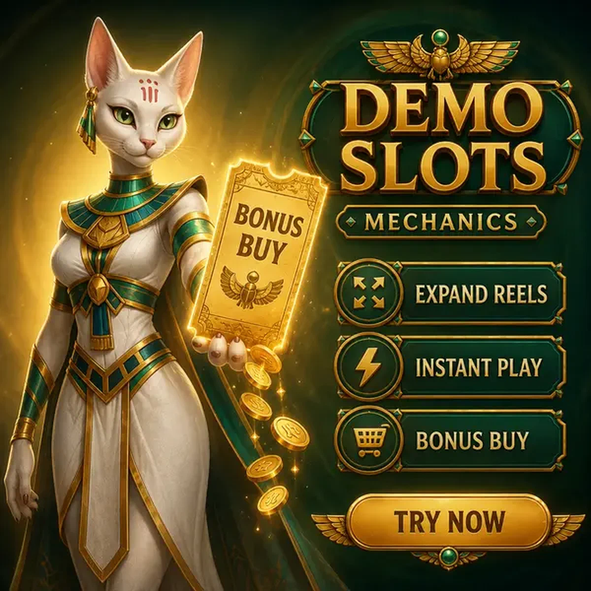 White cat priestess presenting bonus buy options at AmunRa Demo Pokies gaming hall