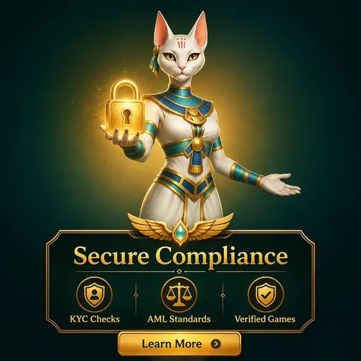 Flame Priestess holding golden padlock as player completes KYC verification at AmunRa Casino
