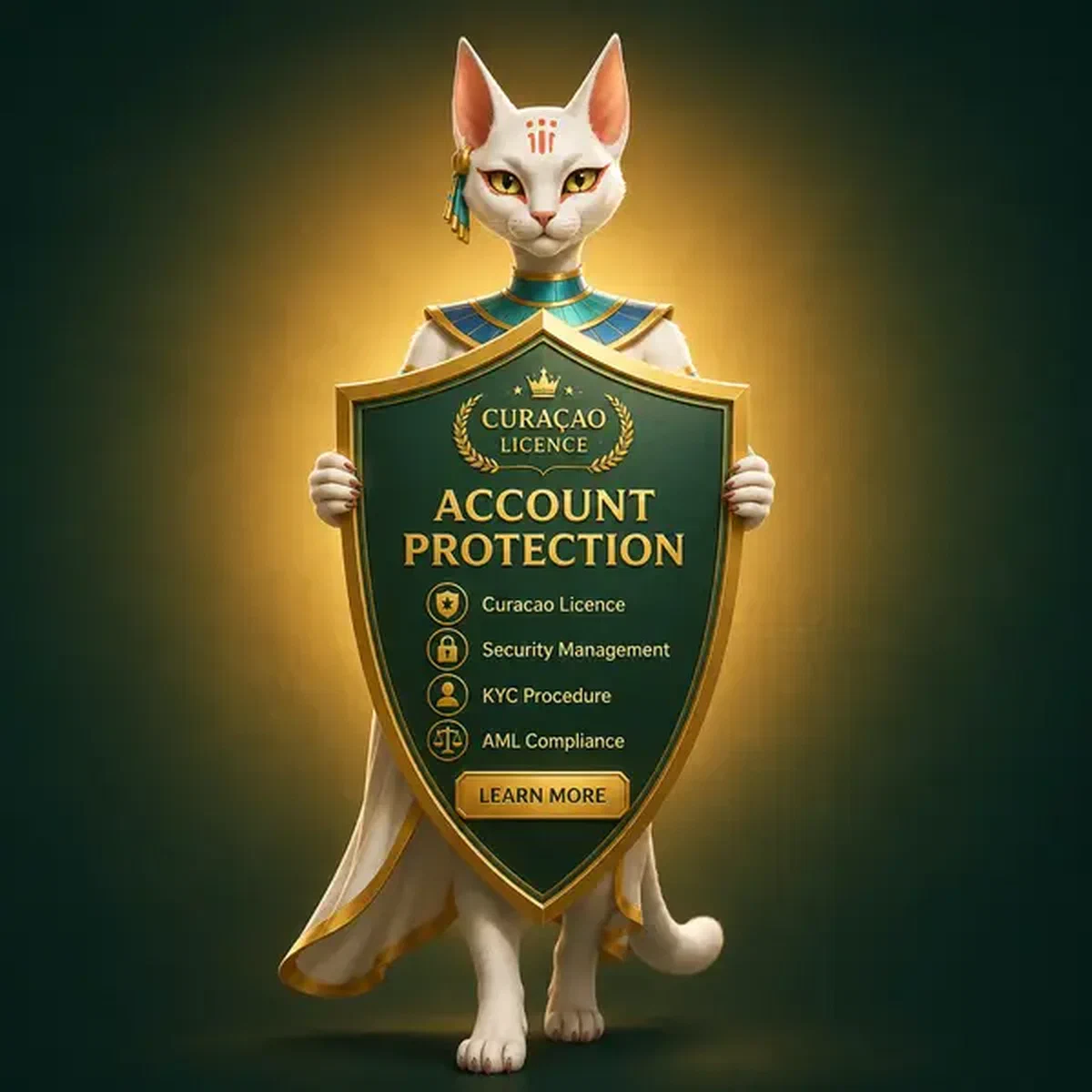 Anthropomorphic white cat priestess presenting shield with Curacao licence for account protection at registration