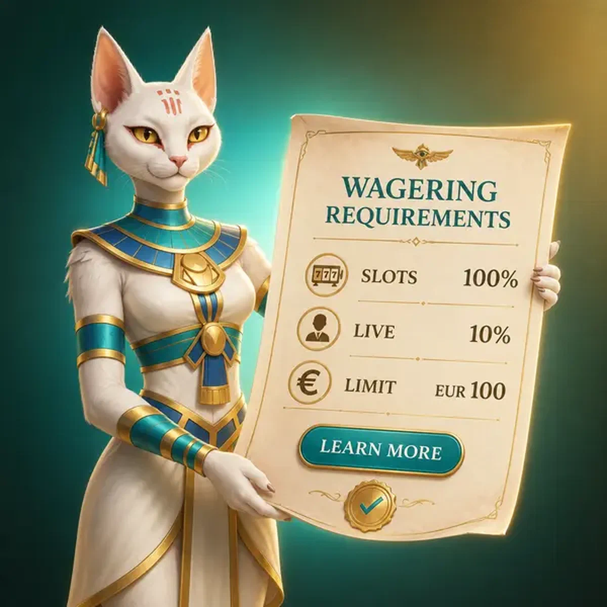 Flame Priestess cat presenting wagering requirements document at elegant bonus advisory desk