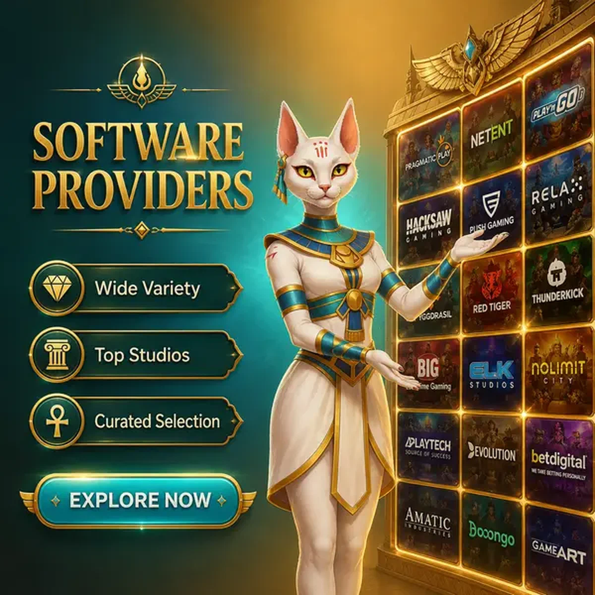 The Flame Priestess presents AmunRa Software Providers game collection in ancient hall